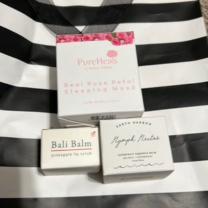 PureHeals sleeping mask. Bali balm lip scrub and nymph nectar radiance lip balm